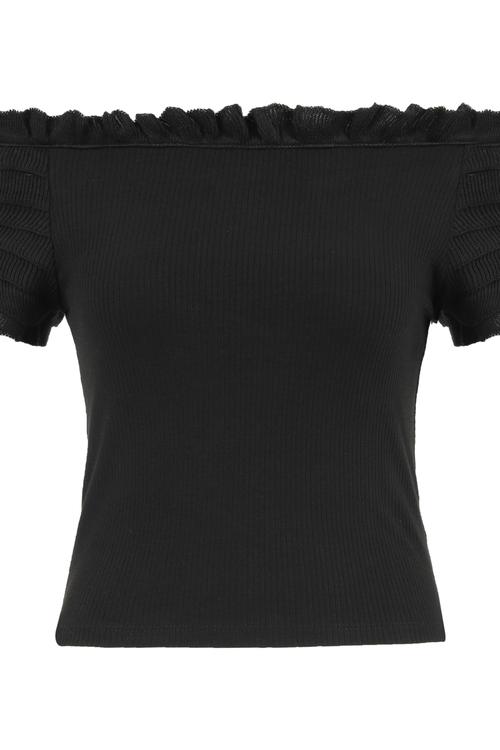  DÜŞÜK OMUZ FIRFIRLI CROP BLUZ