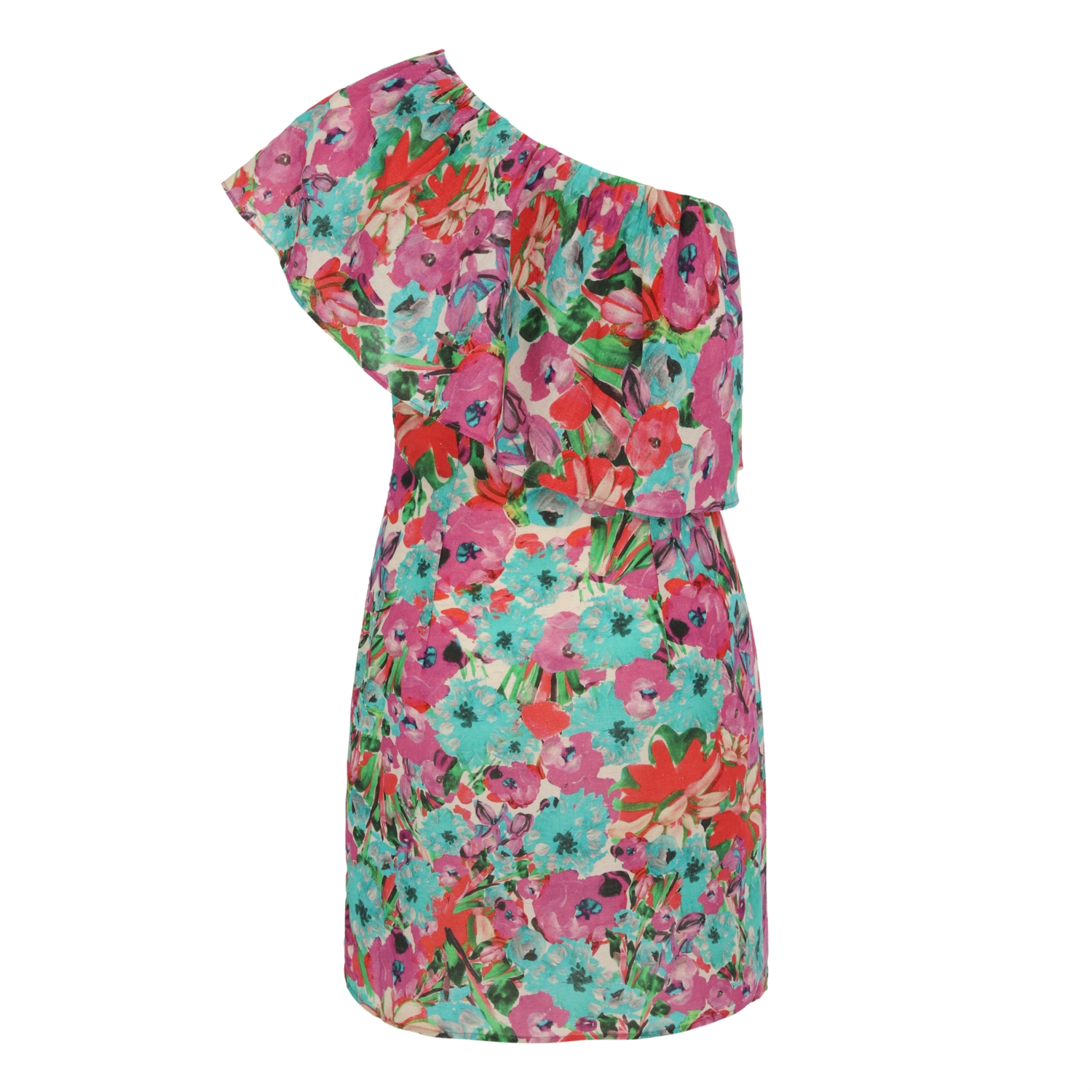 ÇİÇEKLİ TEK OMUZ KETEN - PAMUK ELBİSE