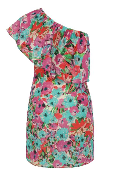  ÇİÇEKLİ TEK OMUZ KETEN - PAMUK ELBİSE