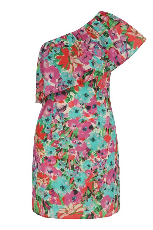  ÇİÇEKLİ TEK OMUZ KETEN - PAMUK ELBİSE