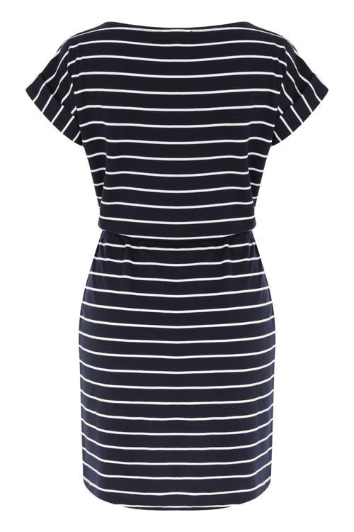  NAKIŞ DETAYLI ÇİZGİLİ MİDİ ELBİSE