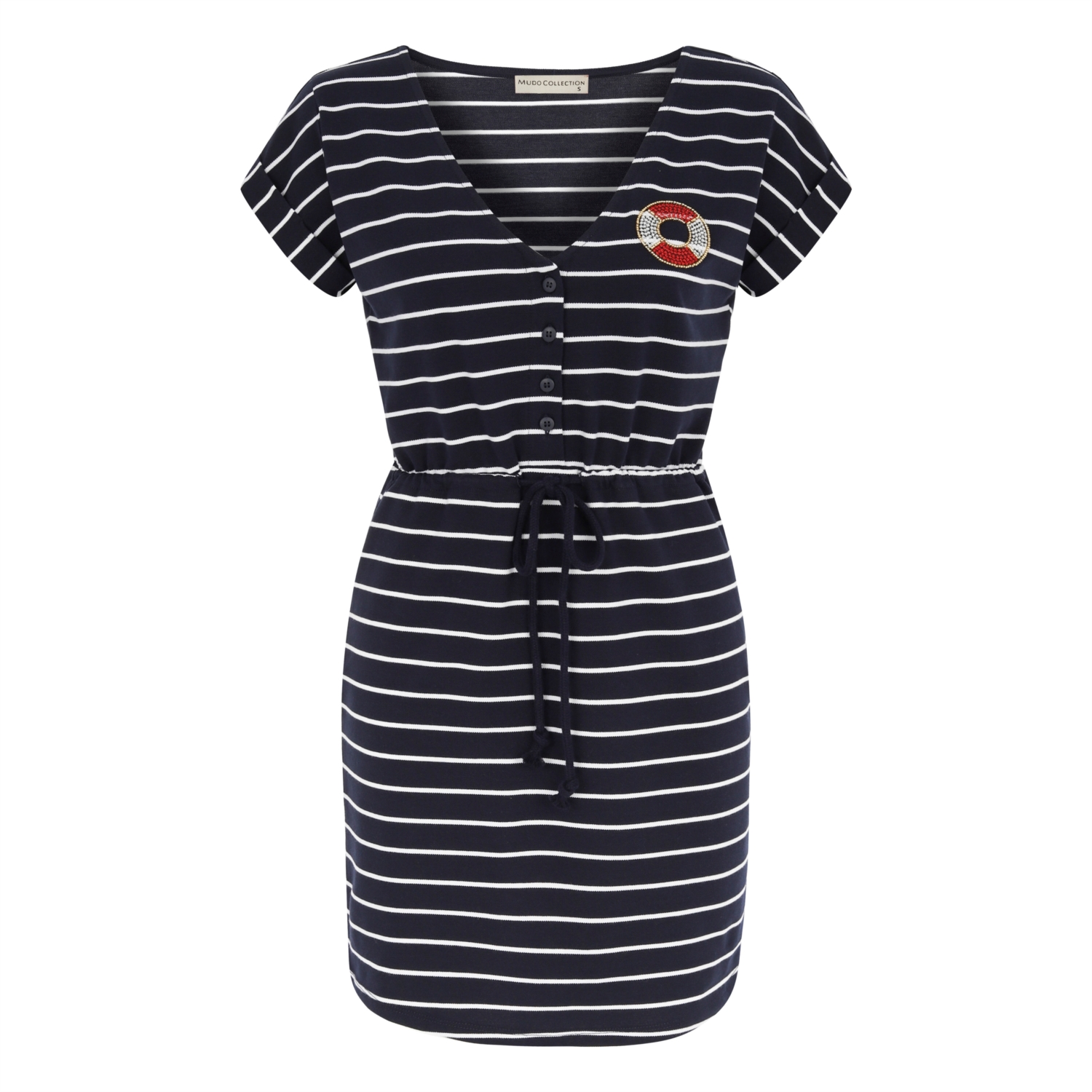 NAKIŞ DETAYLI ÇİZGİLİ MİDİ ELBİSE