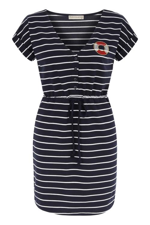  NAKIŞ DETAYLI ÇİZGİLİ MİDİ ELBİSE