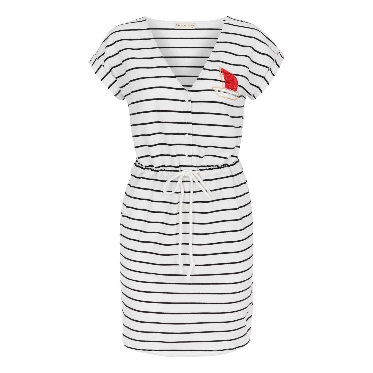 NAKIŞ DETAYLI ÇİZGİLİ MİDİ ELBİSE