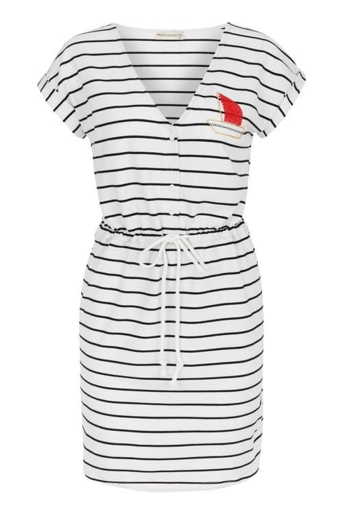  NAKIŞ DETAYLI ÇİZGİLİ MİDİ ELBİSE