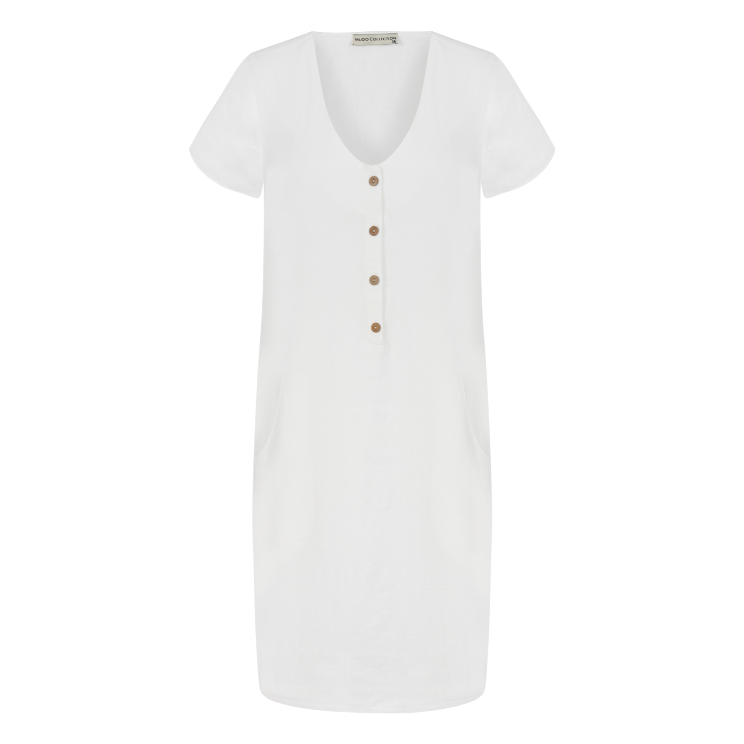 V YAKA DÜĞME DETAYLI KETEN ELBİSE