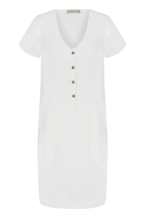  V YAKA DÜĞME DETAYLI KETEN ELBİSE