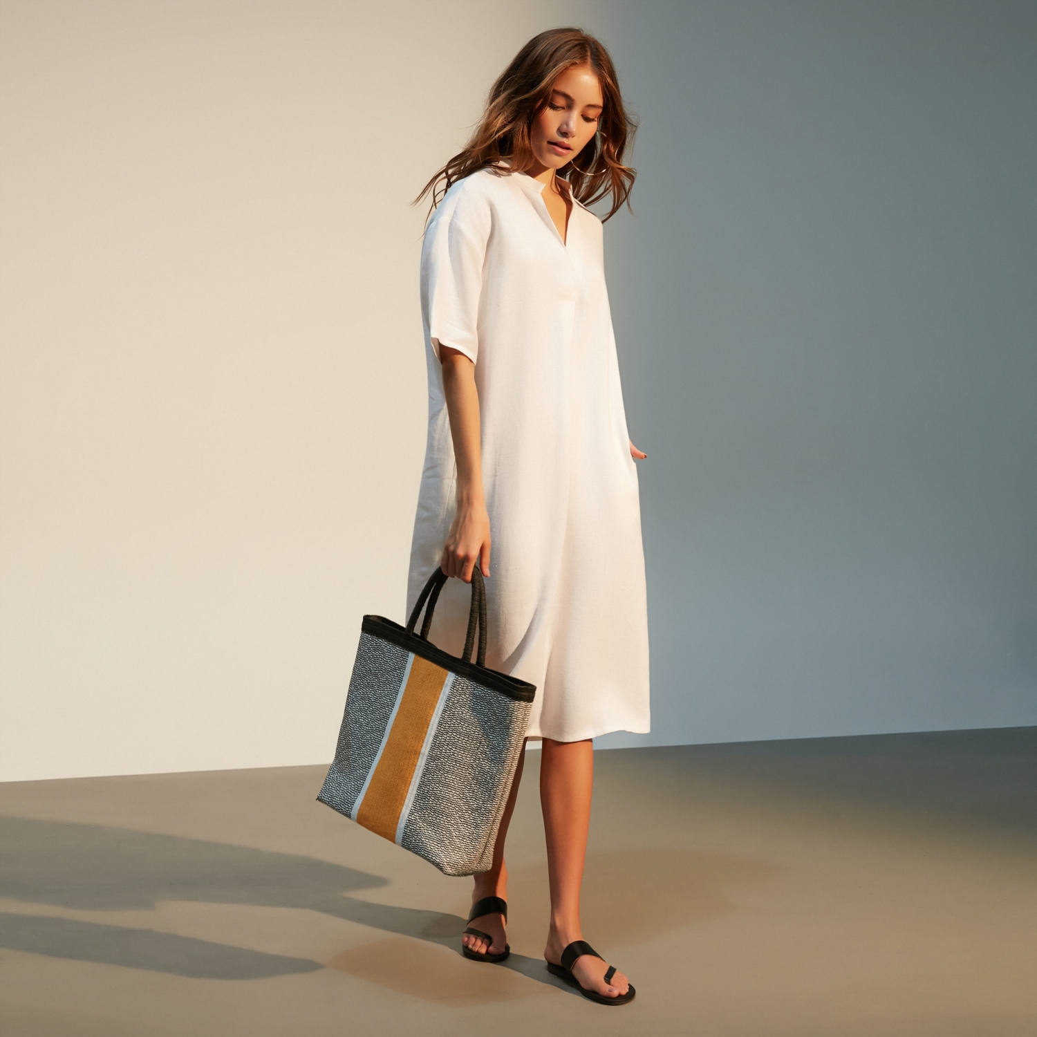 V YAKA OVERSIZE MİDİ KETEN ELBİSE