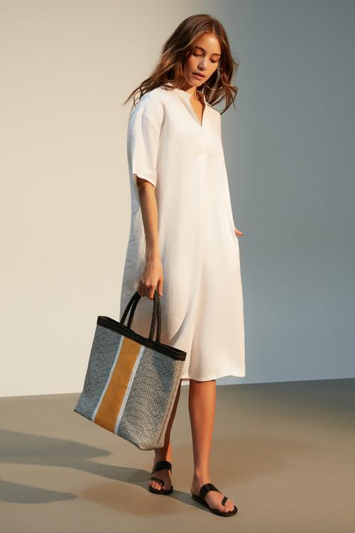  V YAKA OVERSIZE MİDİ KETEN ELBİSE