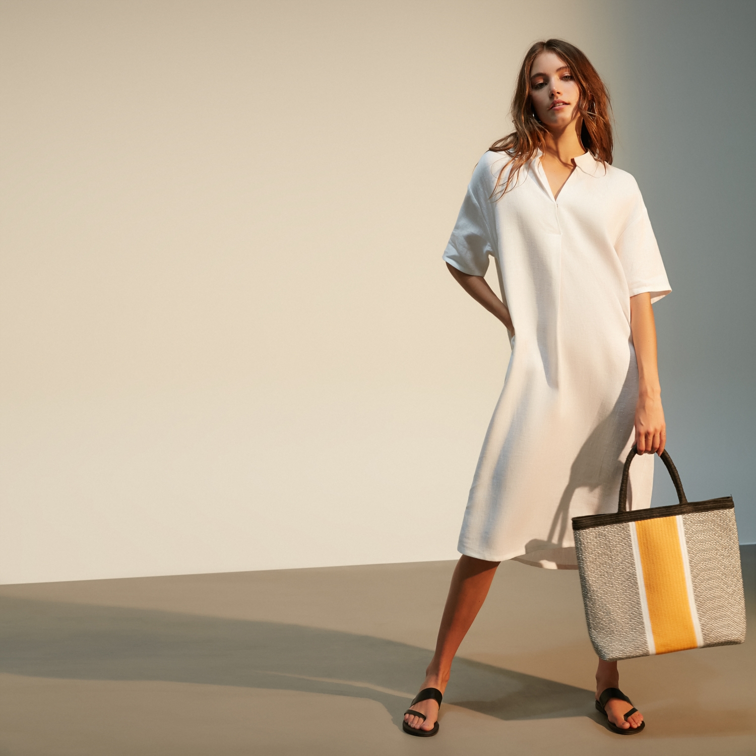 V YAKA OVERSIZE MİDİ KETEN ELBİSE