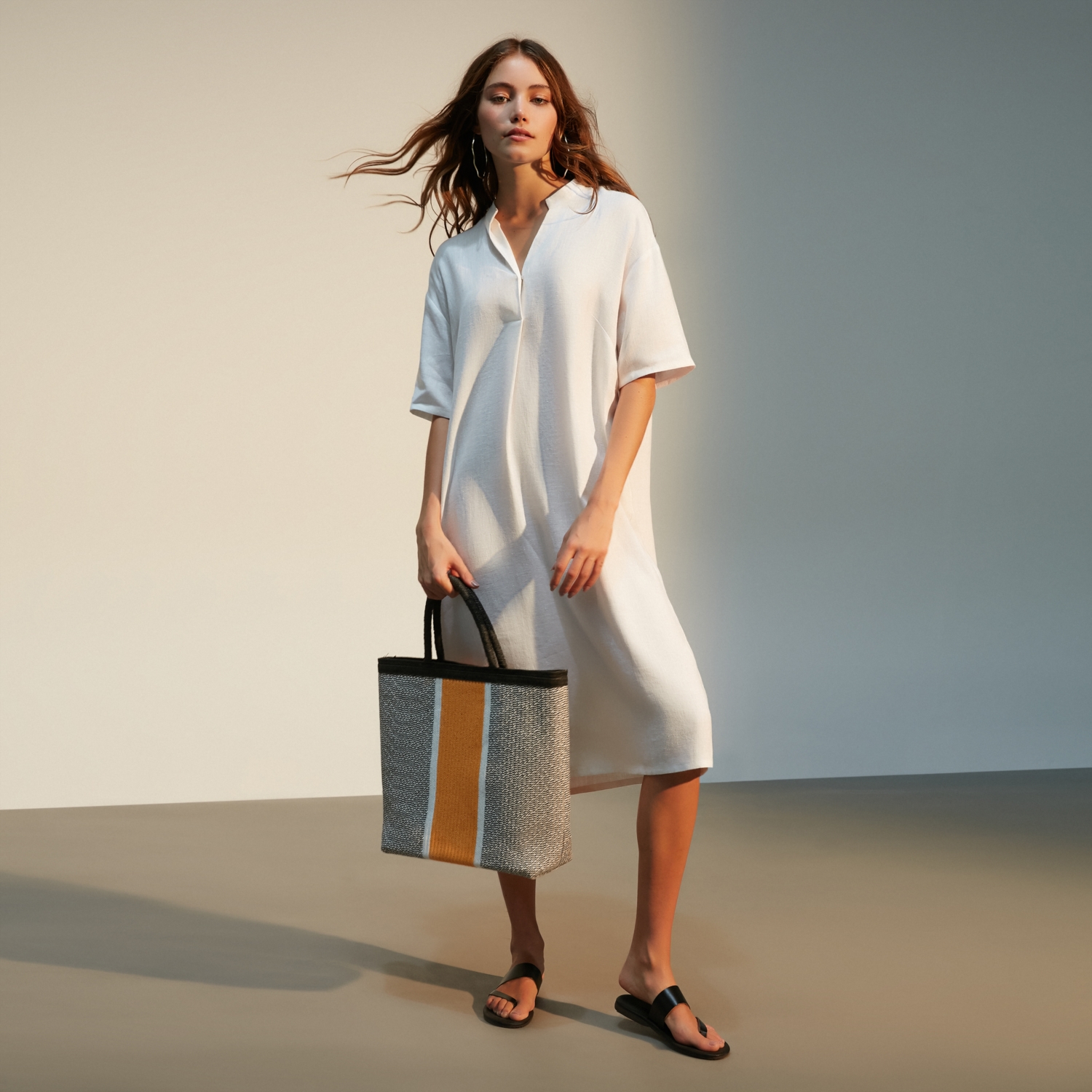 V YAKA OVERSIZE MİDİ KETEN ELBİSE