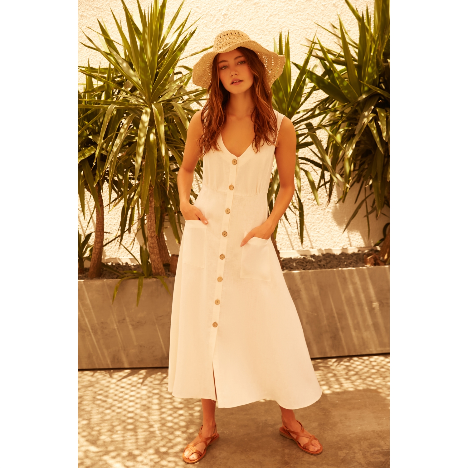 DÜĞMELİ MİDİ KETEN ELBİSE