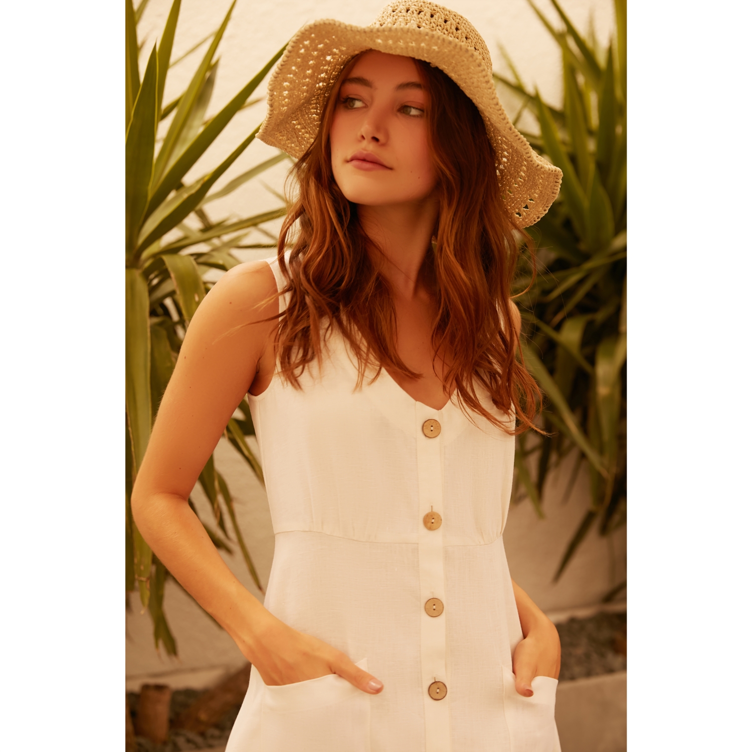 DÜĞMELİ MİDİ KETEN ELBİSE