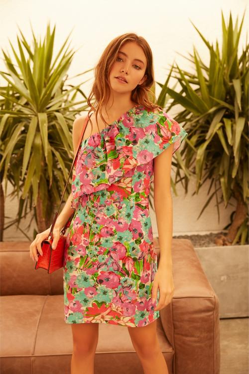  ÇİÇEKLİ TEK OMUZ KETEN - PAMUK ELBİSE