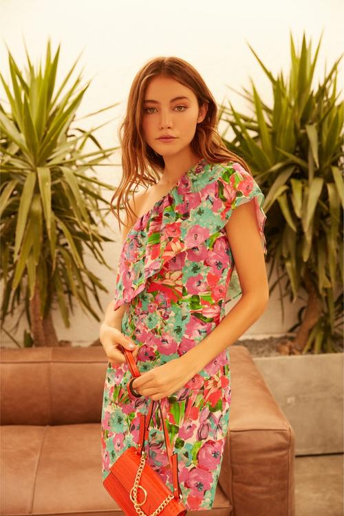  ÇİÇEKLİ TEK OMUZ KETEN - PAMUK ELBİSE