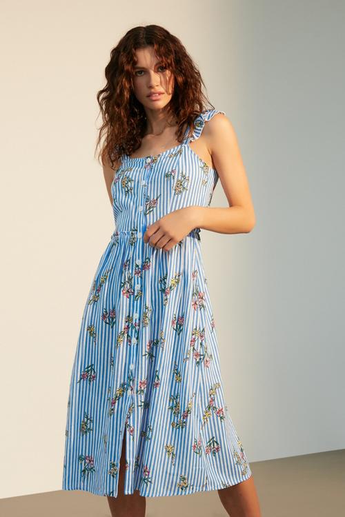  ÇİÇEKLİ ASKILI MİDİ ELBİSE