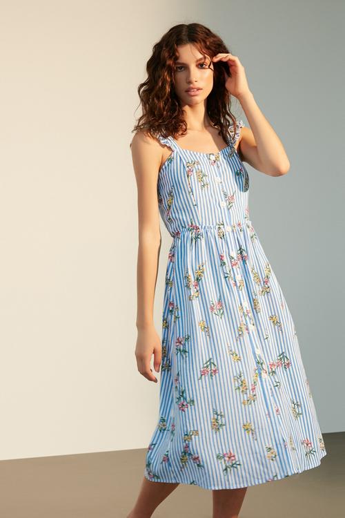  ÇİÇEKLİ ASKILI MİDİ ELBİSE