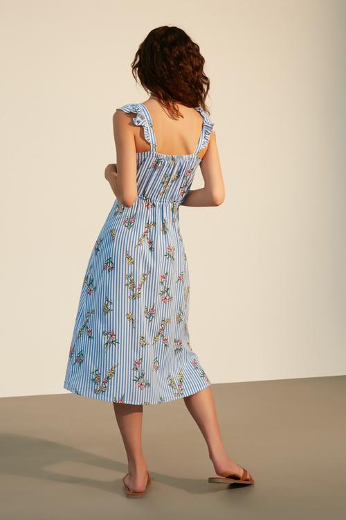  ÇİÇEKLİ ASKILI MİDİ ELBİSE