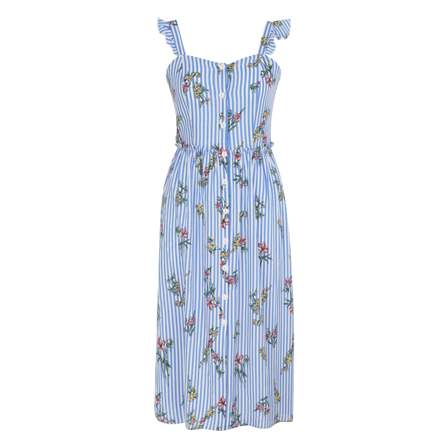 ÇİÇEKLİ ASKILI MİDİ ELBİSE