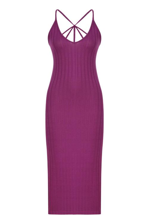  SIRTI ÇAPRAZ ASKILI FİTİLLİ MİDİ ELBİSE