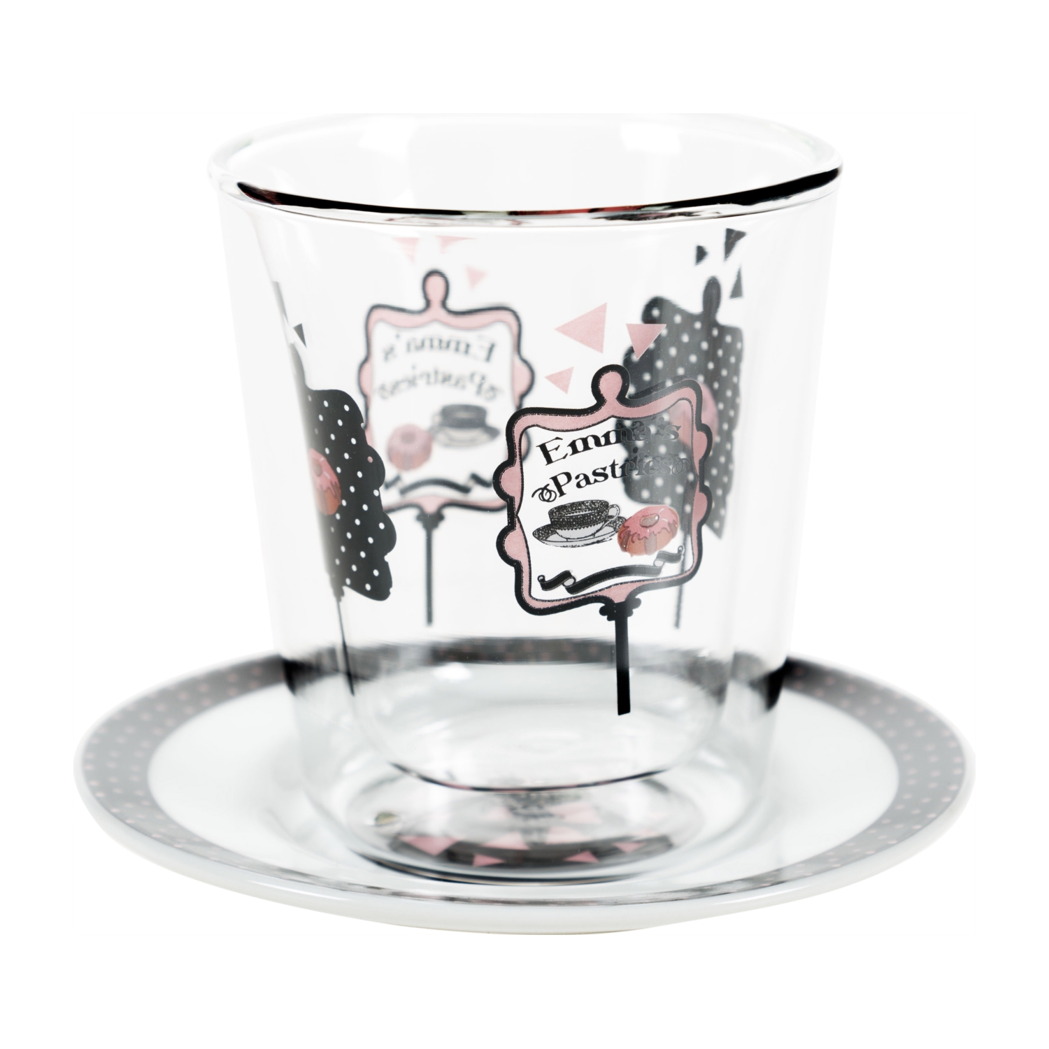 DEKORLU ÇİFT CAM BARDAK & TABAK SET SİYAH