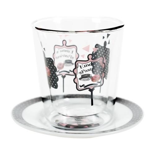  DEKORLU ÇİFT CAM BARDAK & TABAK SET SİYAH