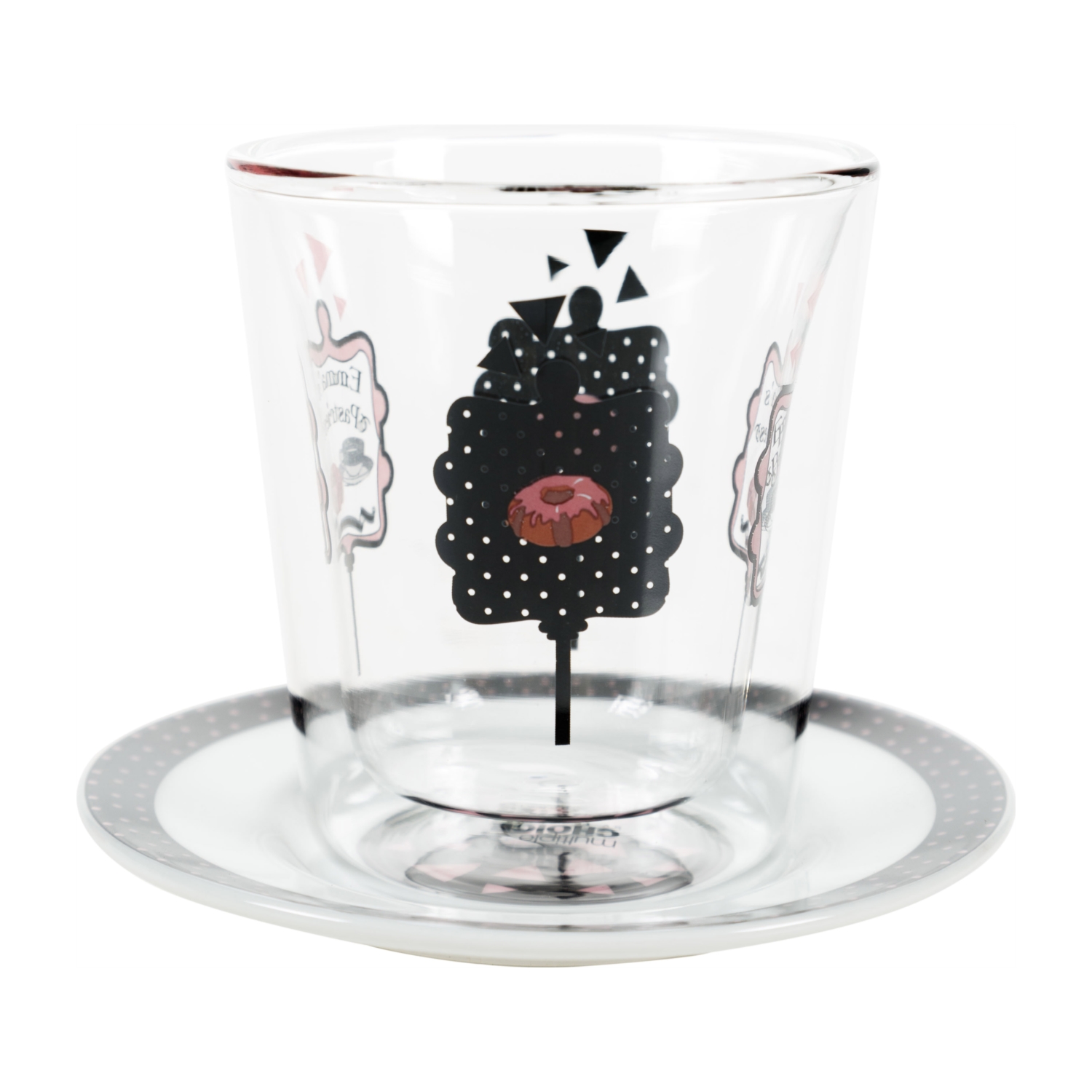 DEKORLU ÇİFT CAM BARDAK & TABAK SET SİYAH