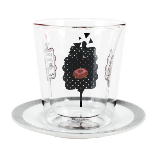  DEKORLU ÇİFT CAM BARDAK & TABAK SET SİYAH