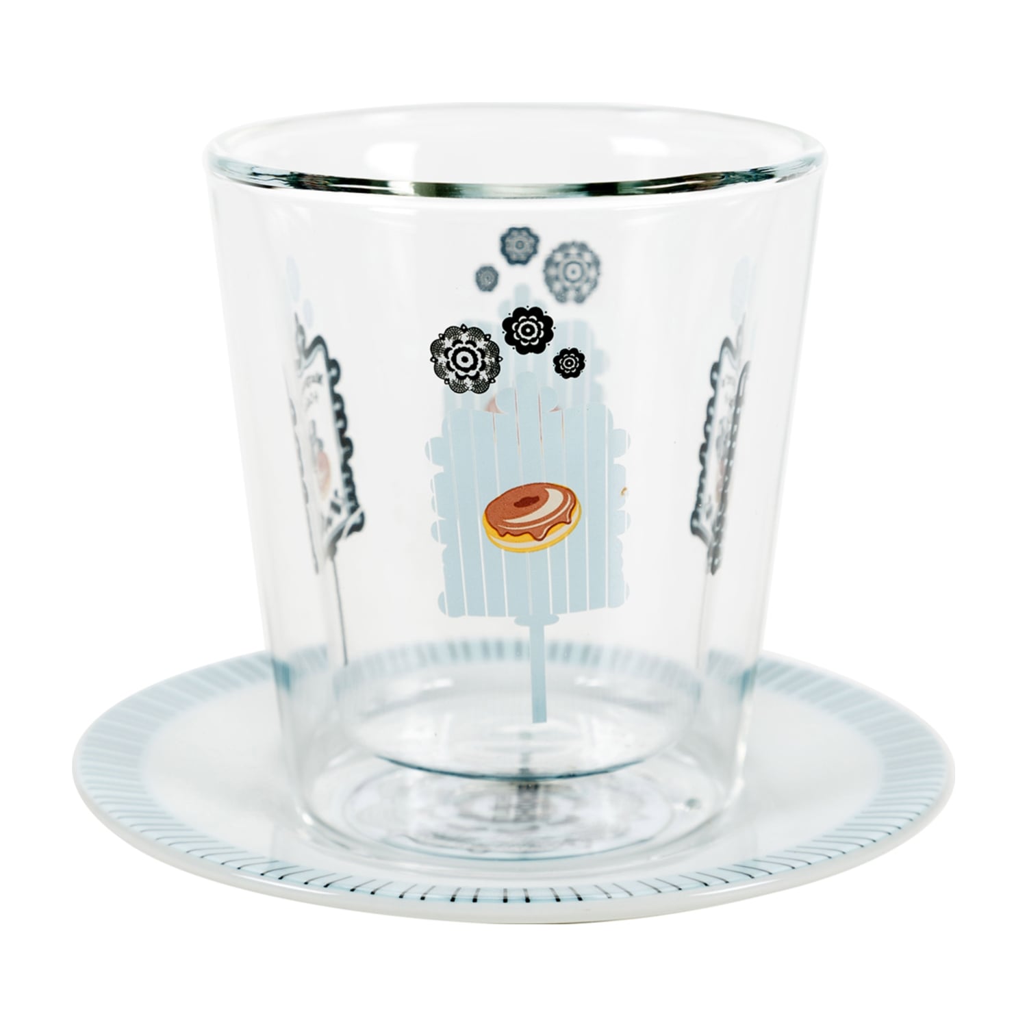 DEKORLU ÇİFT CAM BARDAK & TABAK SET MAVİ