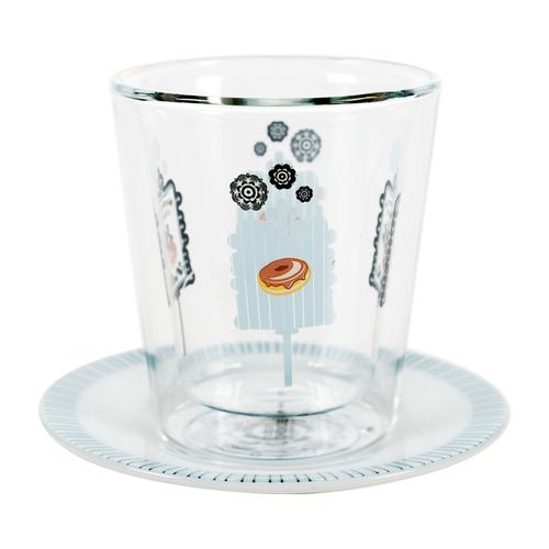  DEKORLU ÇİFT CAM BARDAK & TABAK SET MAVİ