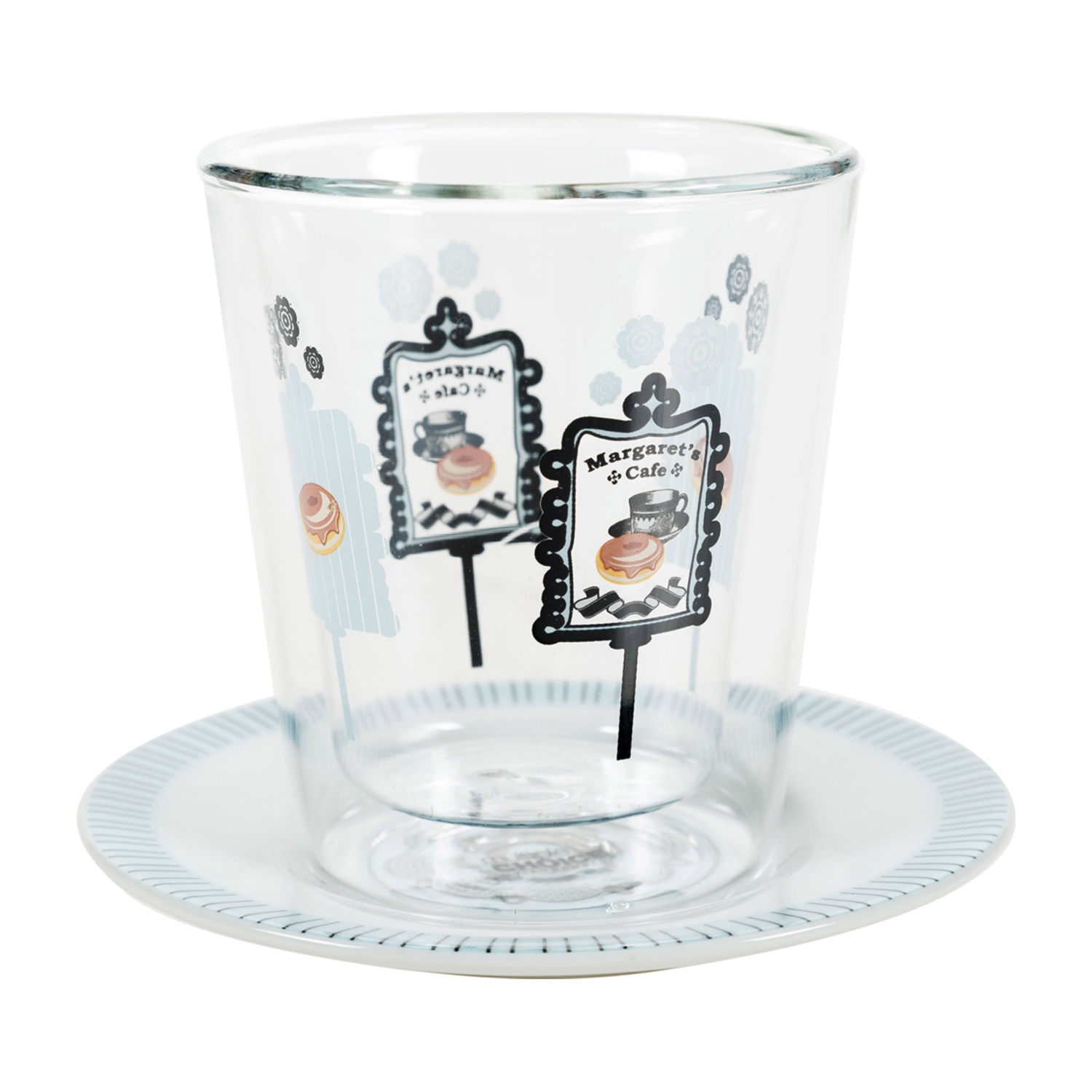 DEKORLU ÇİFT CAM BARDAK & TABAK SET MAVİ