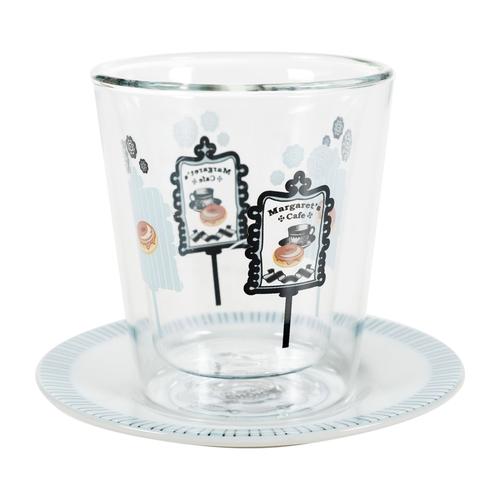  DEKORLU ÇİFT CAM BARDAK & TABAK SET MAVİ