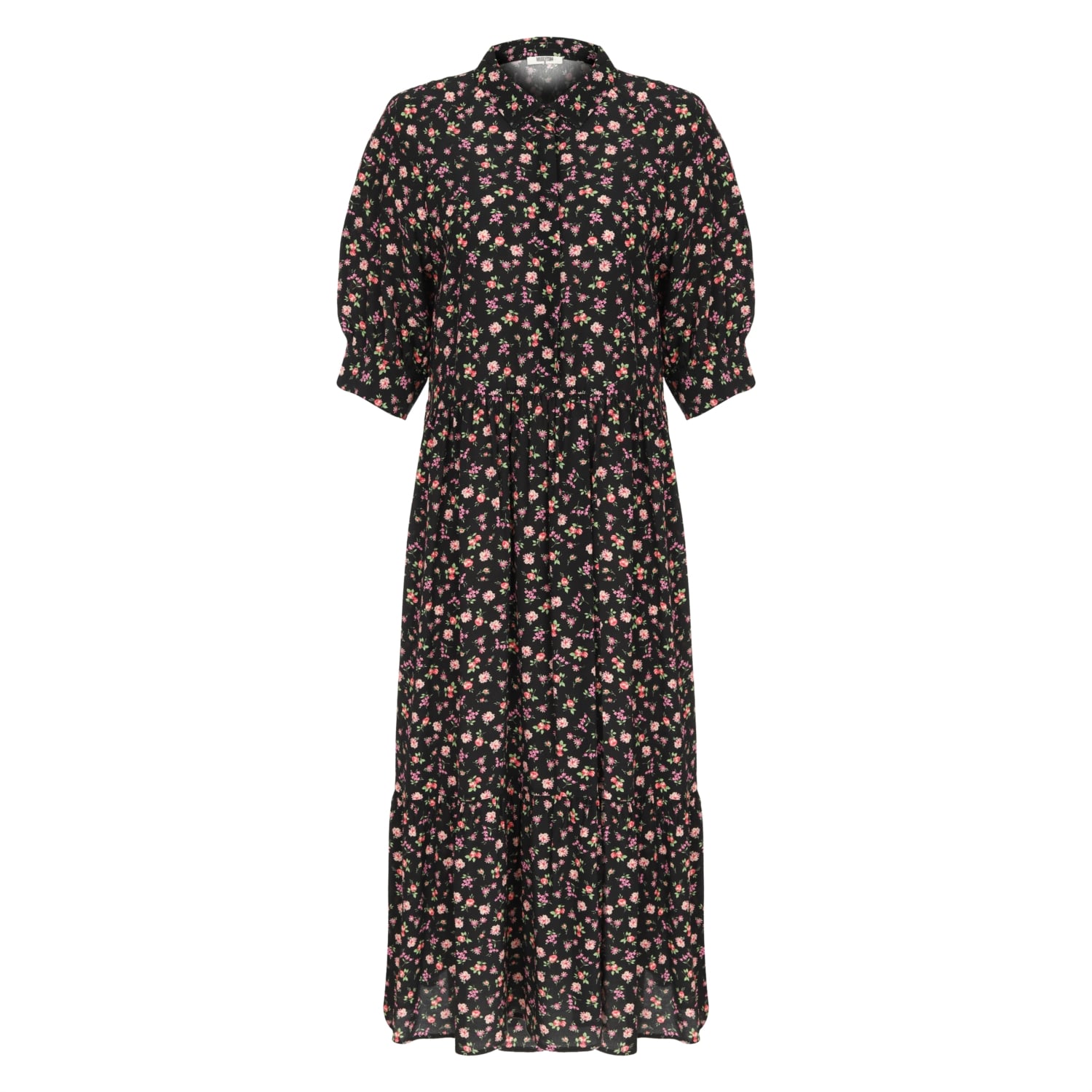 KARPUZ KOL ÇİÇEK DESENLİ MİDİ ELBİSE