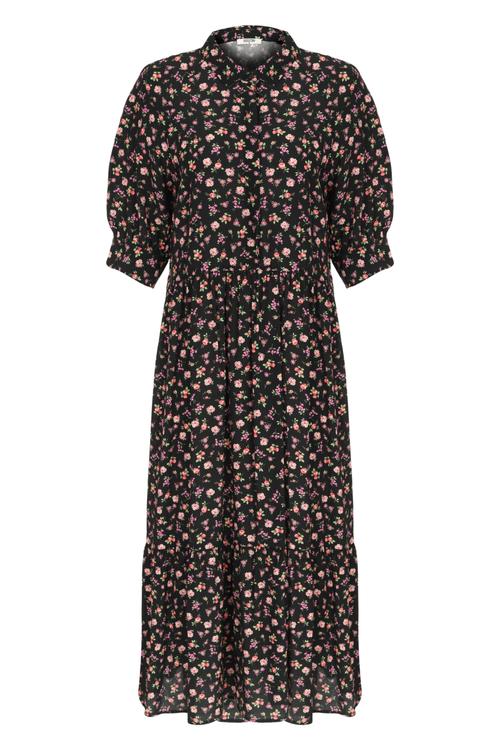  KARPUZ KOL ÇİÇEK DESENLİ MİDİ ELBİSE