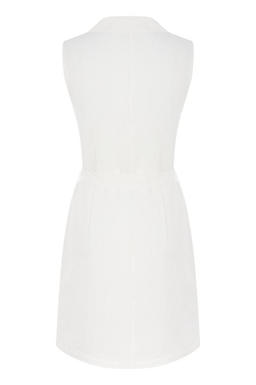  TAHTA DÜĞMELİ KUŞAKLI KOLSUZ MİNİ KETEN  ELBİSE