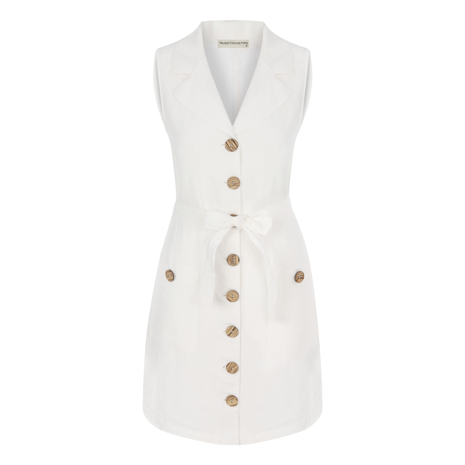 TAHTA DÜĞMELİ KUŞAKLI KOLSUZ MİNİ KETEN  ELBİSE