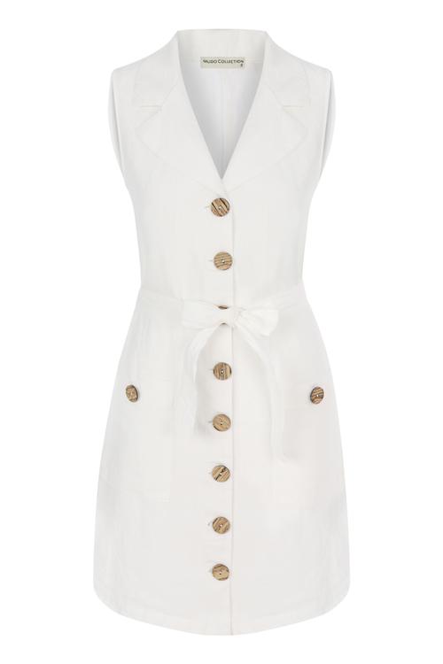  TAHTA DÜĞMELİ KUŞAKLI KOLSUZ MİNİ KETEN  ELBİSE