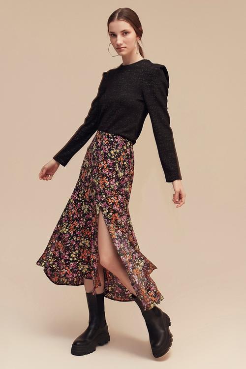  ÇİÇEK DESENLİ YIRTMAÇLI MİDİ ETEK