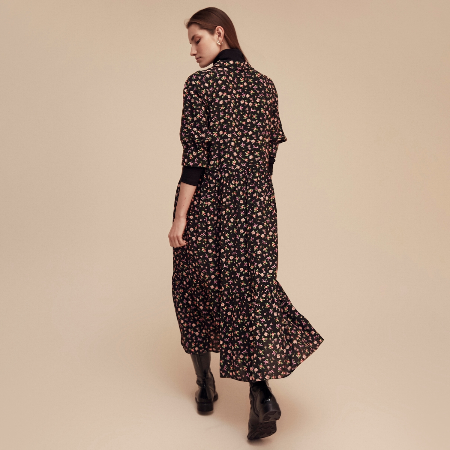 KARPUZ KOL ÇİÇEK DESENLİ MİDİ ELBİSE