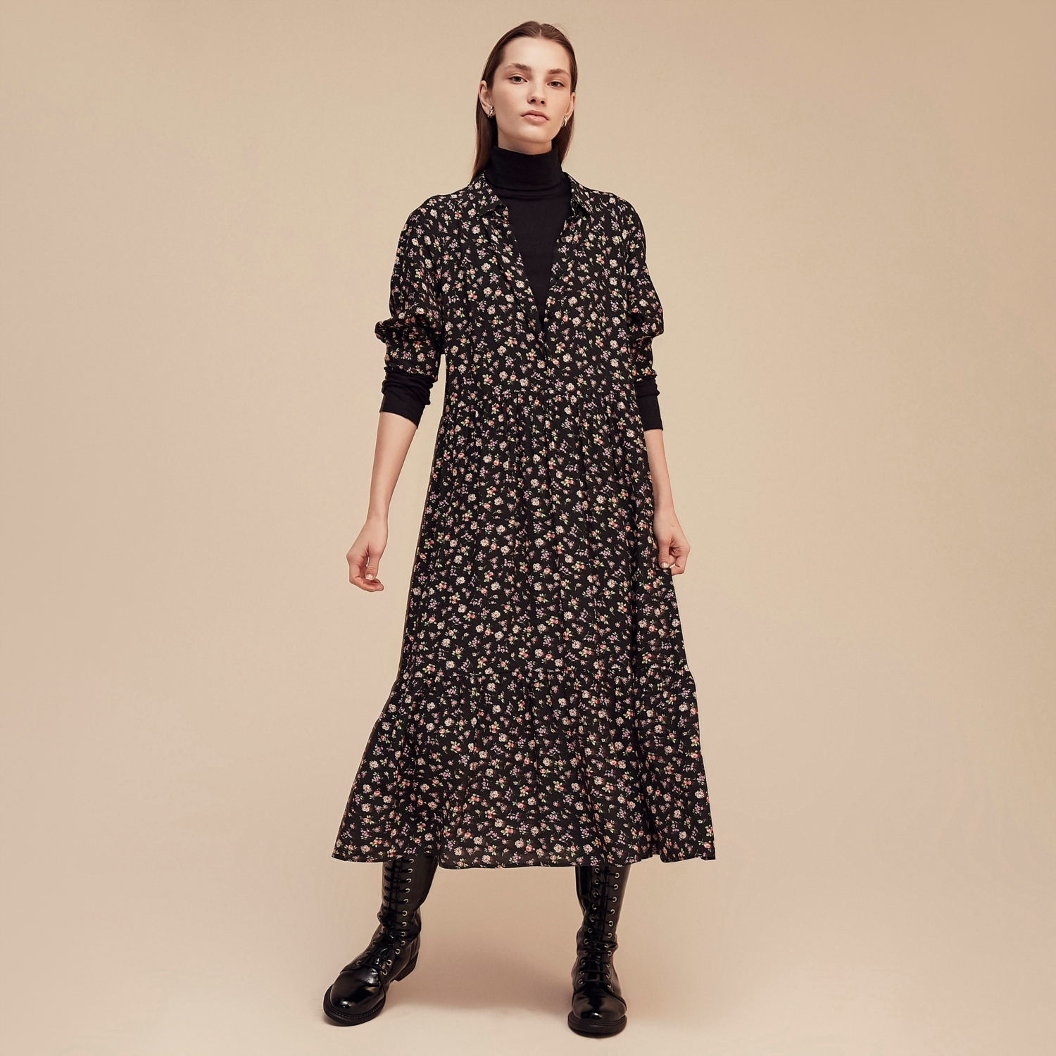 KARPUZ KOL ÇİÇEK DESENLİ MİDİ ELBİSE