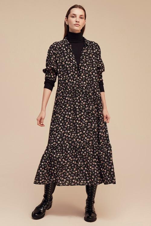  KARPUZ KOL ÇİÇEK DESENLİ MİDİ ELBİSE