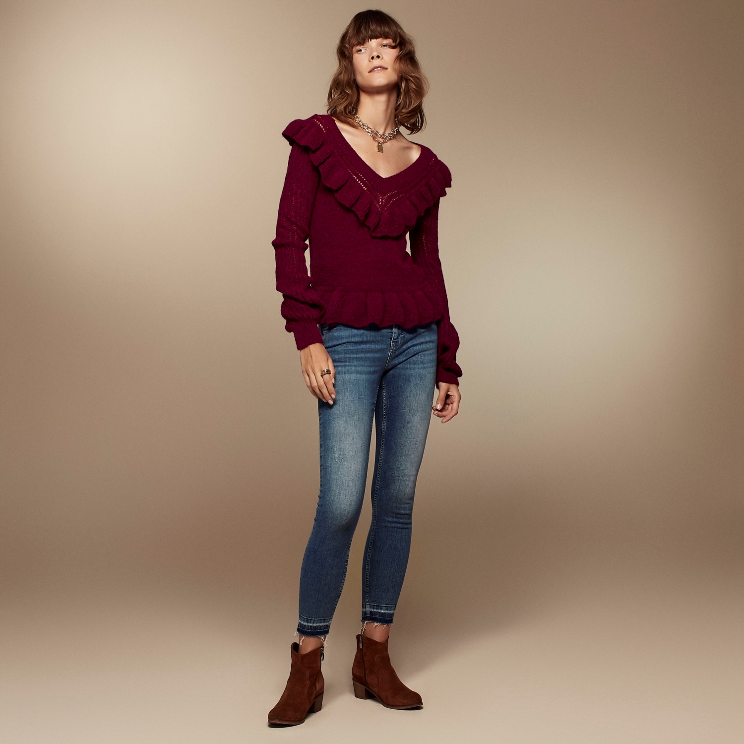 V YAKA FIRFIR DETAYLI TRİKO KAZAK