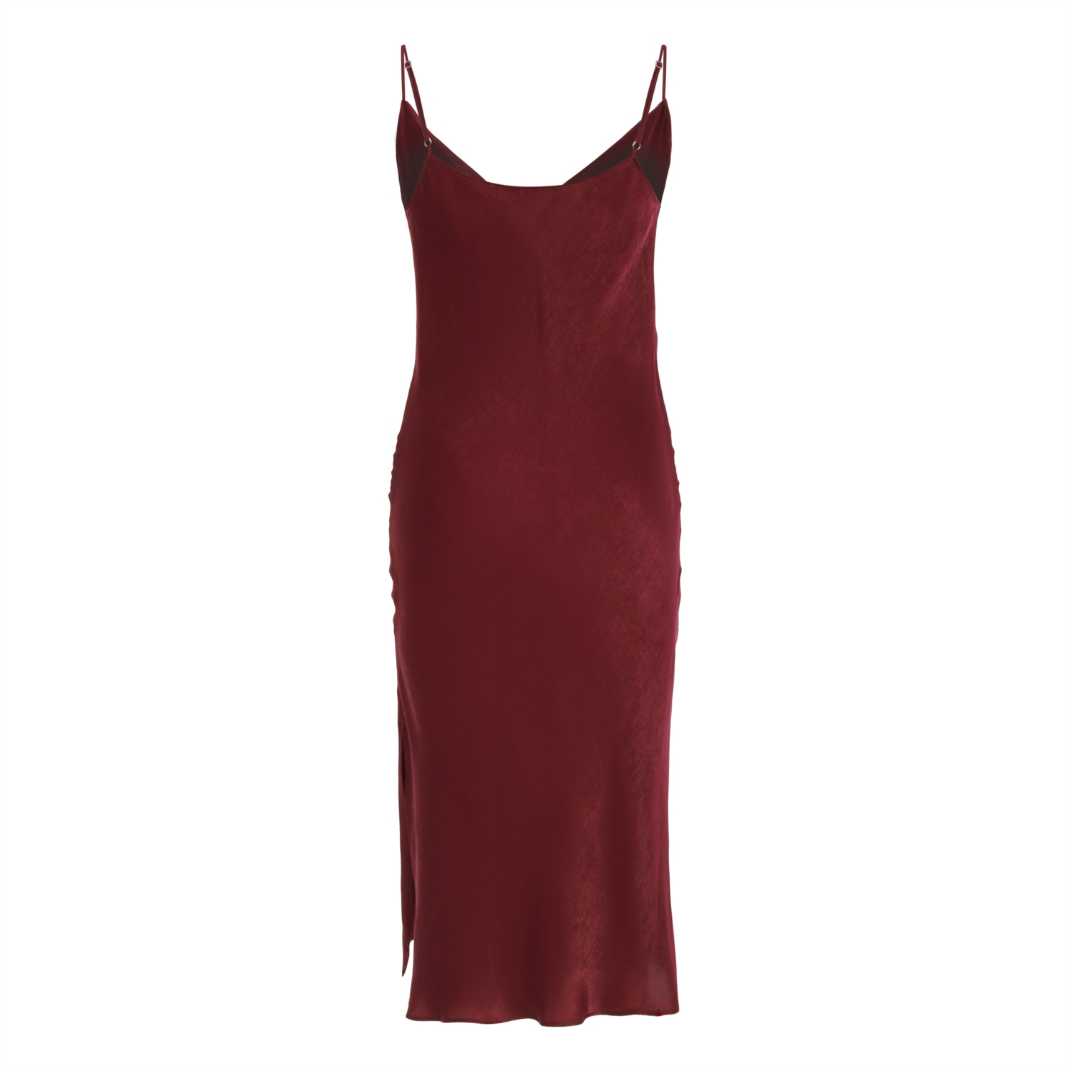 DEGAJE YAKA İNCE ASKILI YIRTMAÇLI SATEN MİDİ ELBİSE