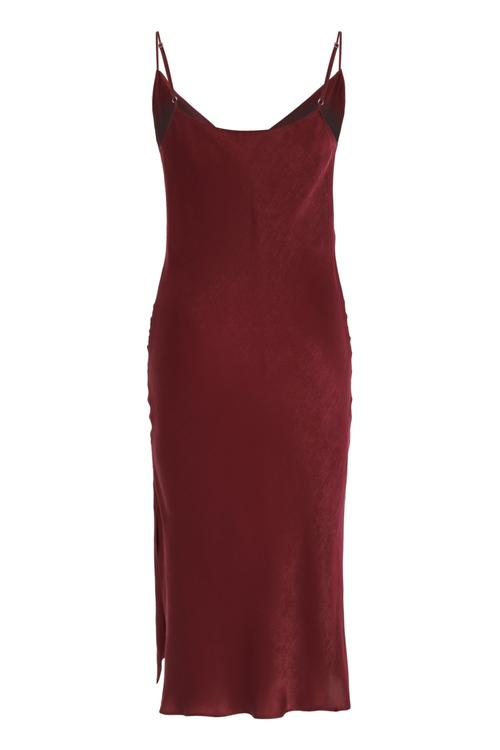  DEGAJE YAKA İNCE ASKILI YIRTMAÇLI SATEN MİDİ ELBİSE