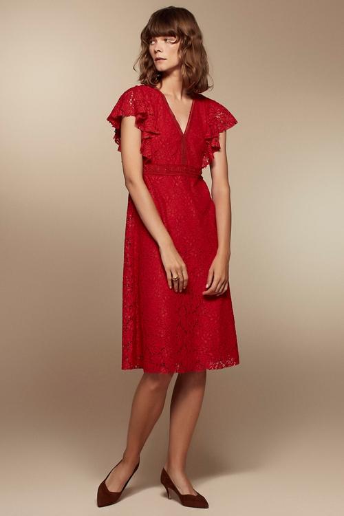  KOLLARI VOLANLI MİDİ DANTEL ELBİSE