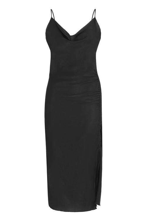  YANDAN BÜZGÜLÜ DEGAJE YAKA ASKILI MİDİ ELBİSE