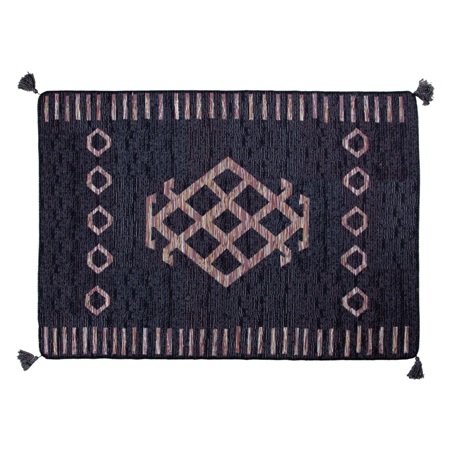 ETNİK KARE DESENLİ HALI SİYAH 120X180CM