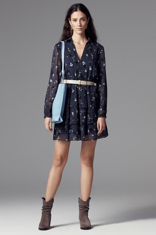  V YAKA VOLANLI MİNİ KLOŞ ELBİSE