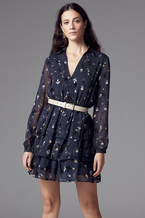  V YAKA VOLANLI MİNİ KLOŞ ELBİSE