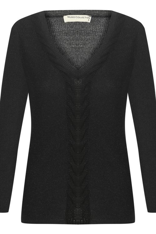  V YAKA ÖRGÜ DETAYLI SİMLİ KAZAK